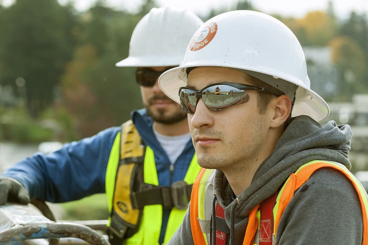 A young electrician apprentice in a white hard hat and mirrored safety glasses stands on a bridge jobsite with a journeyman in a fall-protection harness behind him