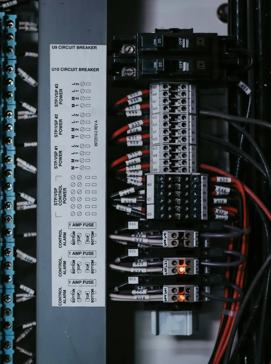 Labeled wire terminations inside an industrial control panel